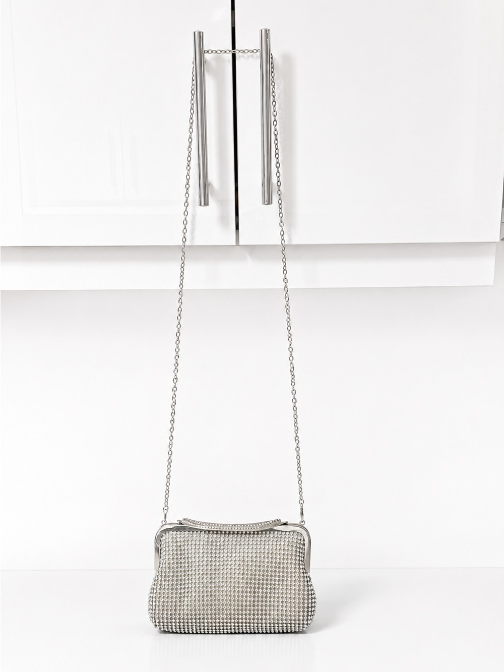 Silver Crystal Mesh Chain Crossbody Bag